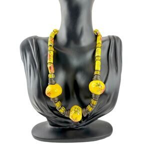 Kitschy Vintage Yellow Floral Porcelain Chunky Asian Inspired Necklace